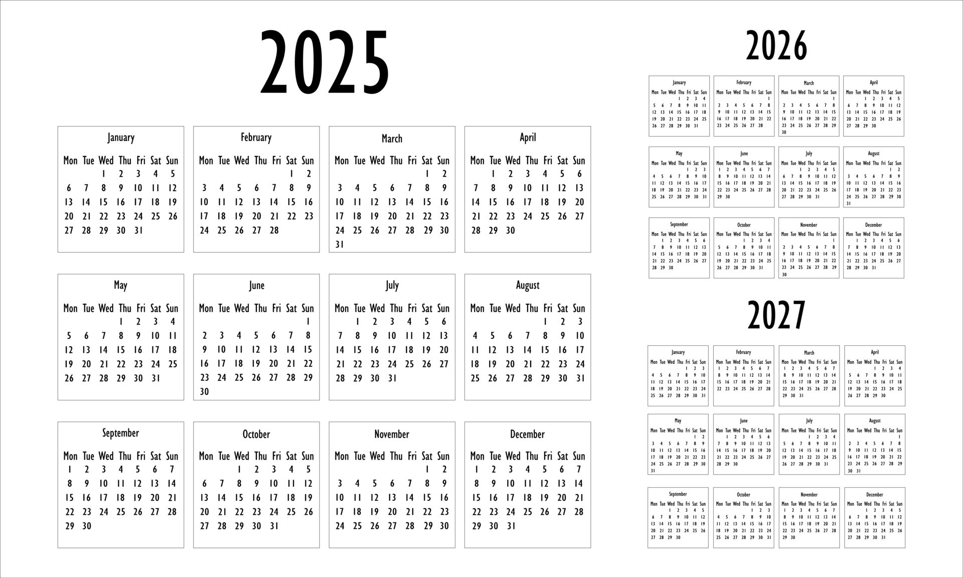 2025, 2026, 2027 calendario 45654864 Vector en Vecteezy