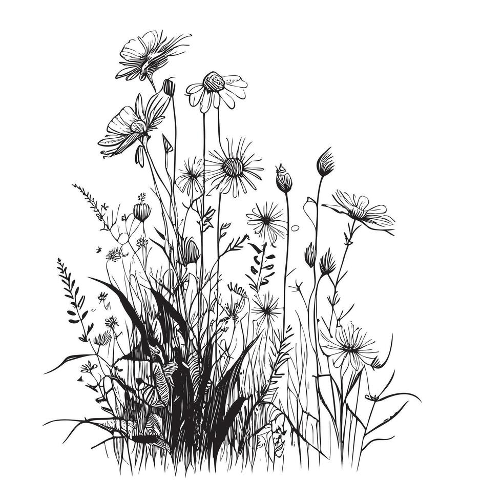 Wild field daisies hand drawn sketch in doodle style field illustration vector