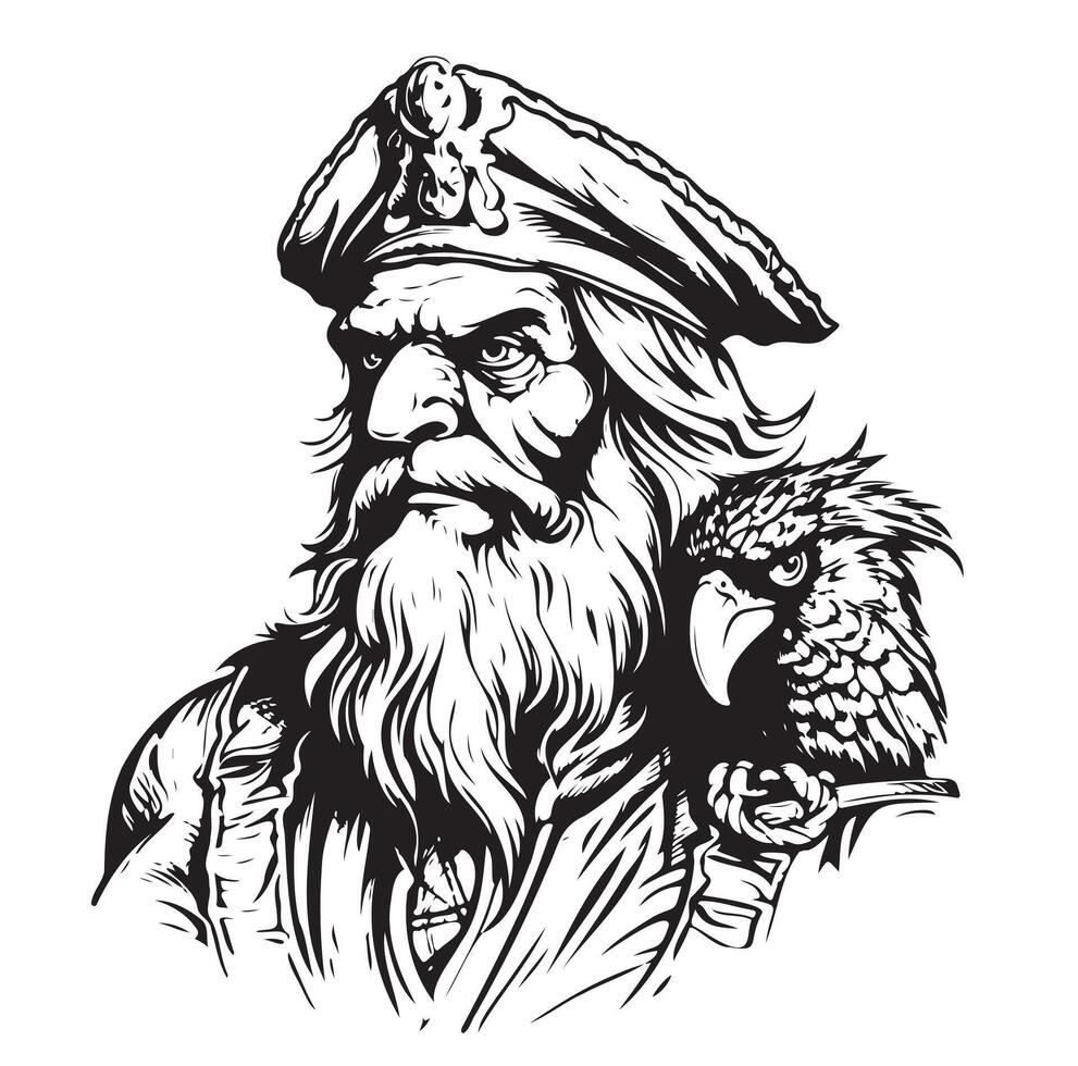 Bearded men with a pirate cap on his head, Hand Drawn Sketch vector