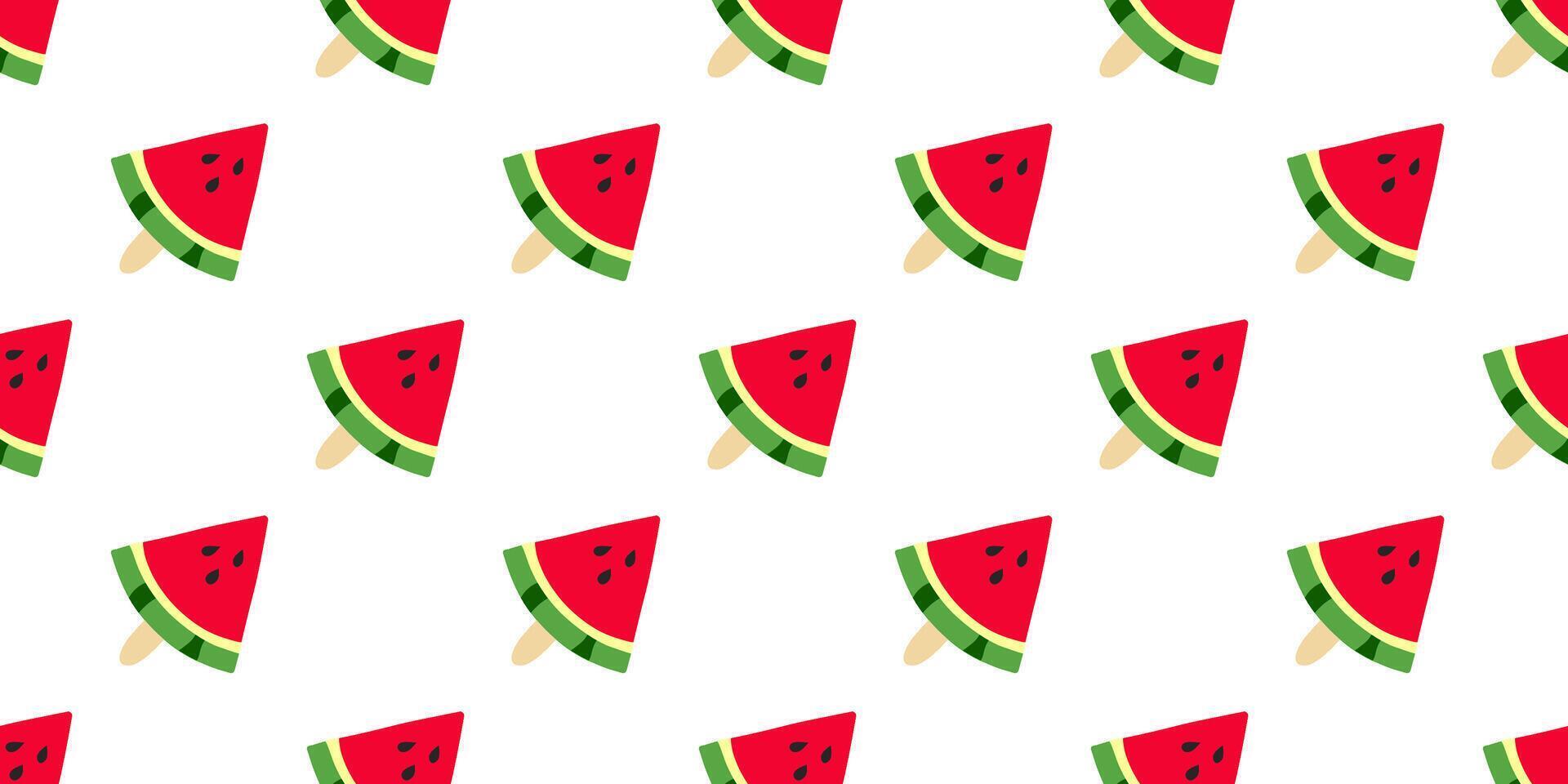 Ice cream Watermelon diagonal seamless pattern. Print of a triangular piece of summer fruit with seeds on a stick on a white background. Sweet dessert food. Juicy, refreshing. illustration vector