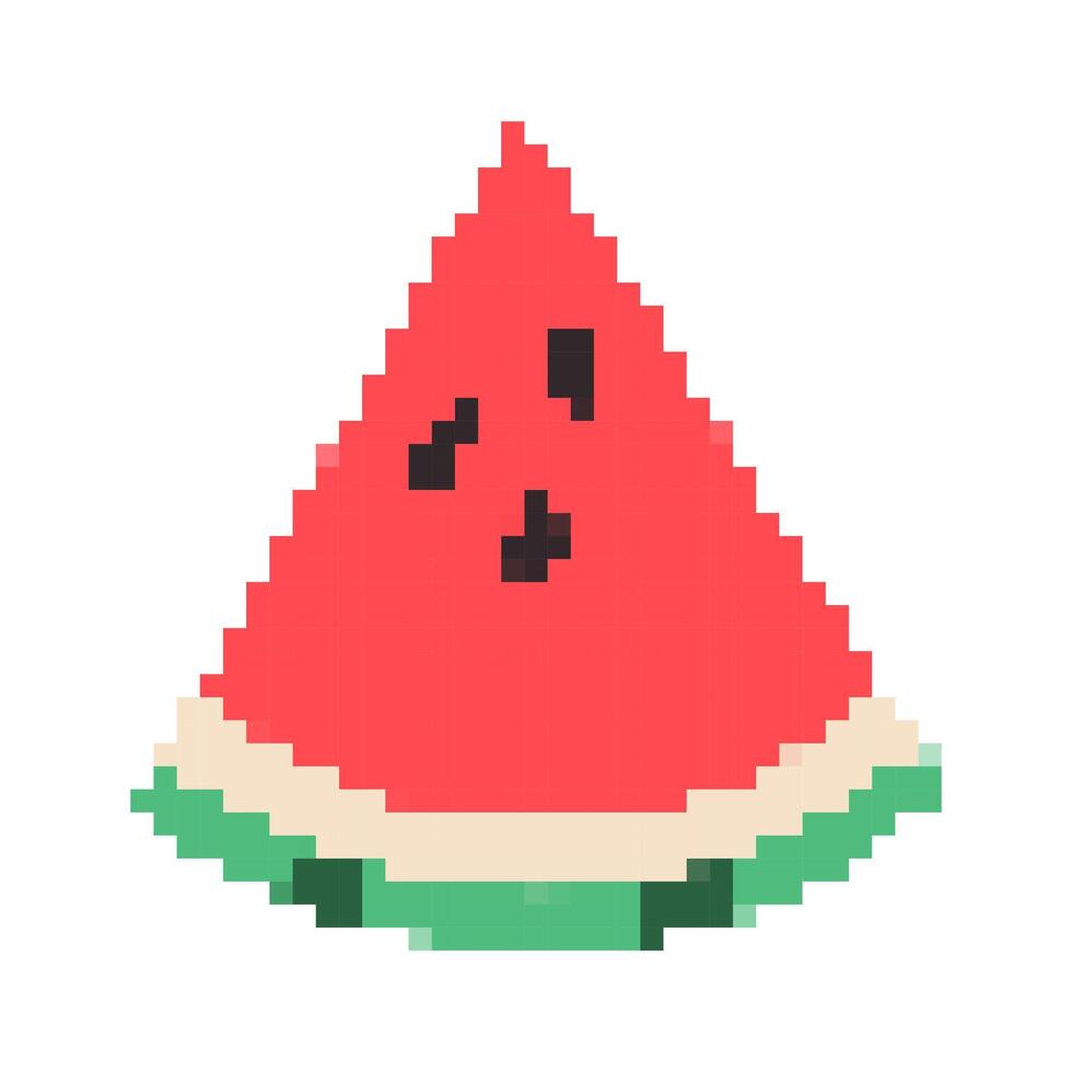 Pixel Watermelon Piece. Triangle of summer red striped fruit with seeds. 8-bit retro gaming style. Healthy vegan food. Isolated game item. Sweet ripe berry. illustration vector