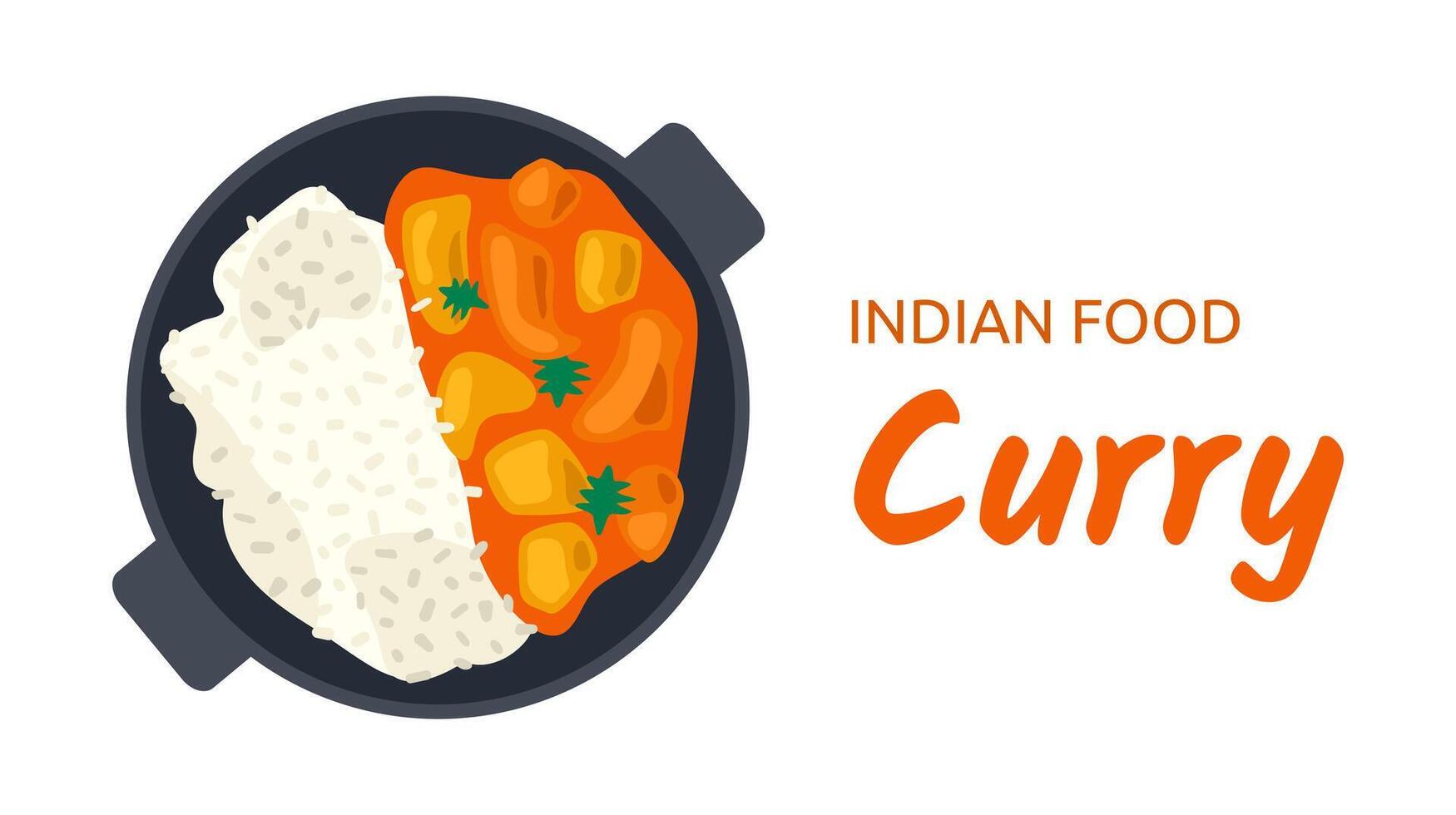 Indian food Curry - pieces of chicken with spicy sauce, rice and parsley on dark plate. View from above. Serving national dish. Traditional cuisine. Cooking with spices. illustration vector