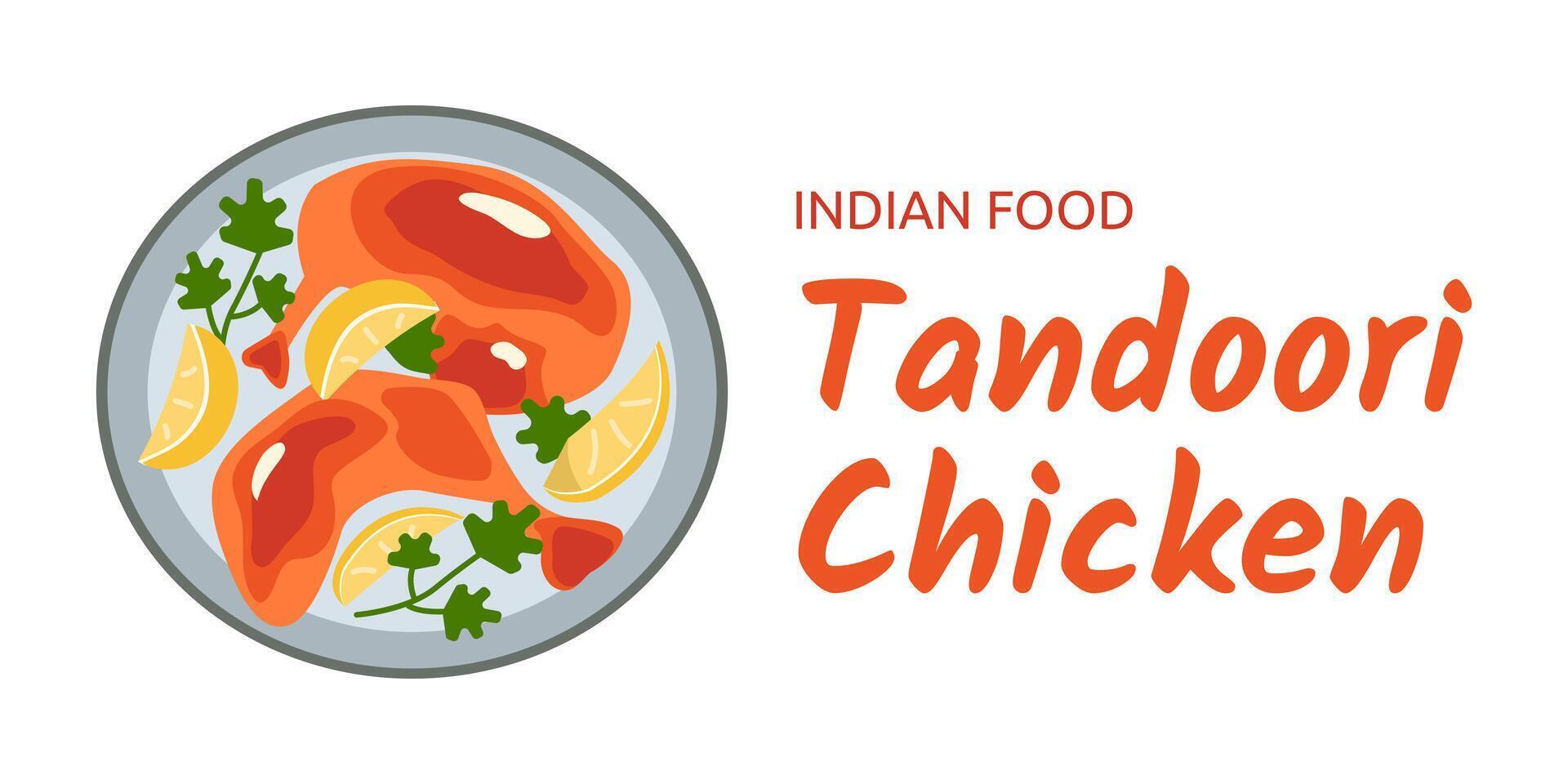 Indian food Tandoori chicken. Lemon slices and parsley. Chicken marinated in yogurt and spices. Serving food on plate. Meals for Ramandan. Top view on white background isolated. illustration. vector