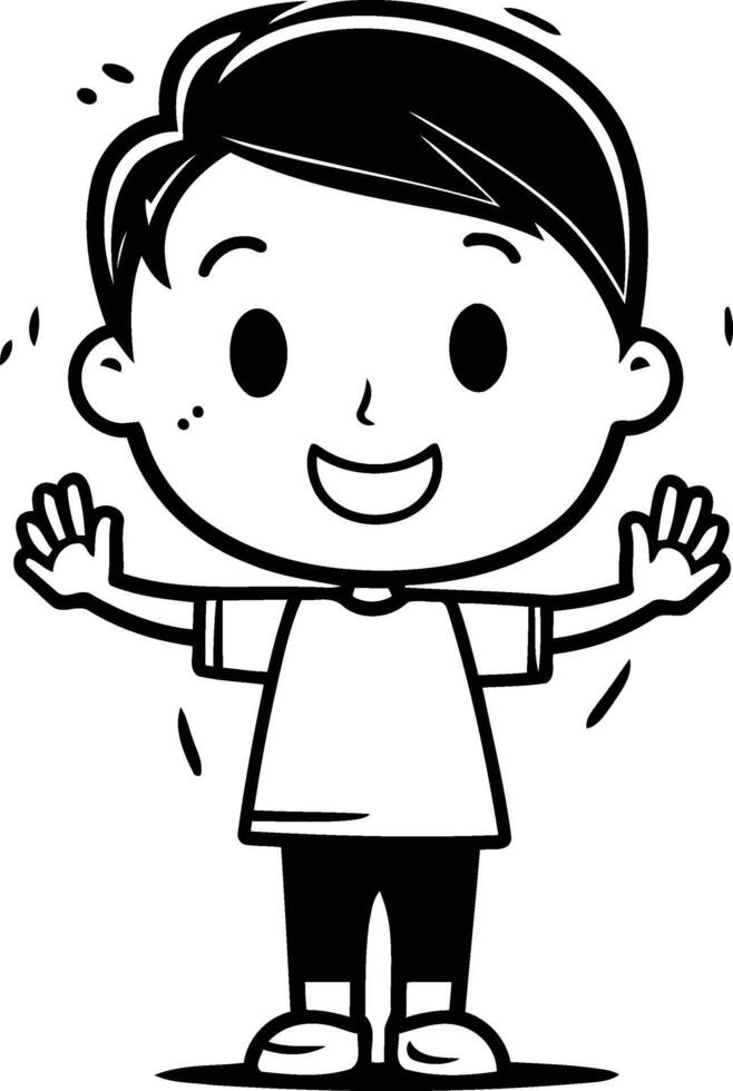 Illustration of a Kid Boy Waving His Hands - Black and White Cartoon Character vector