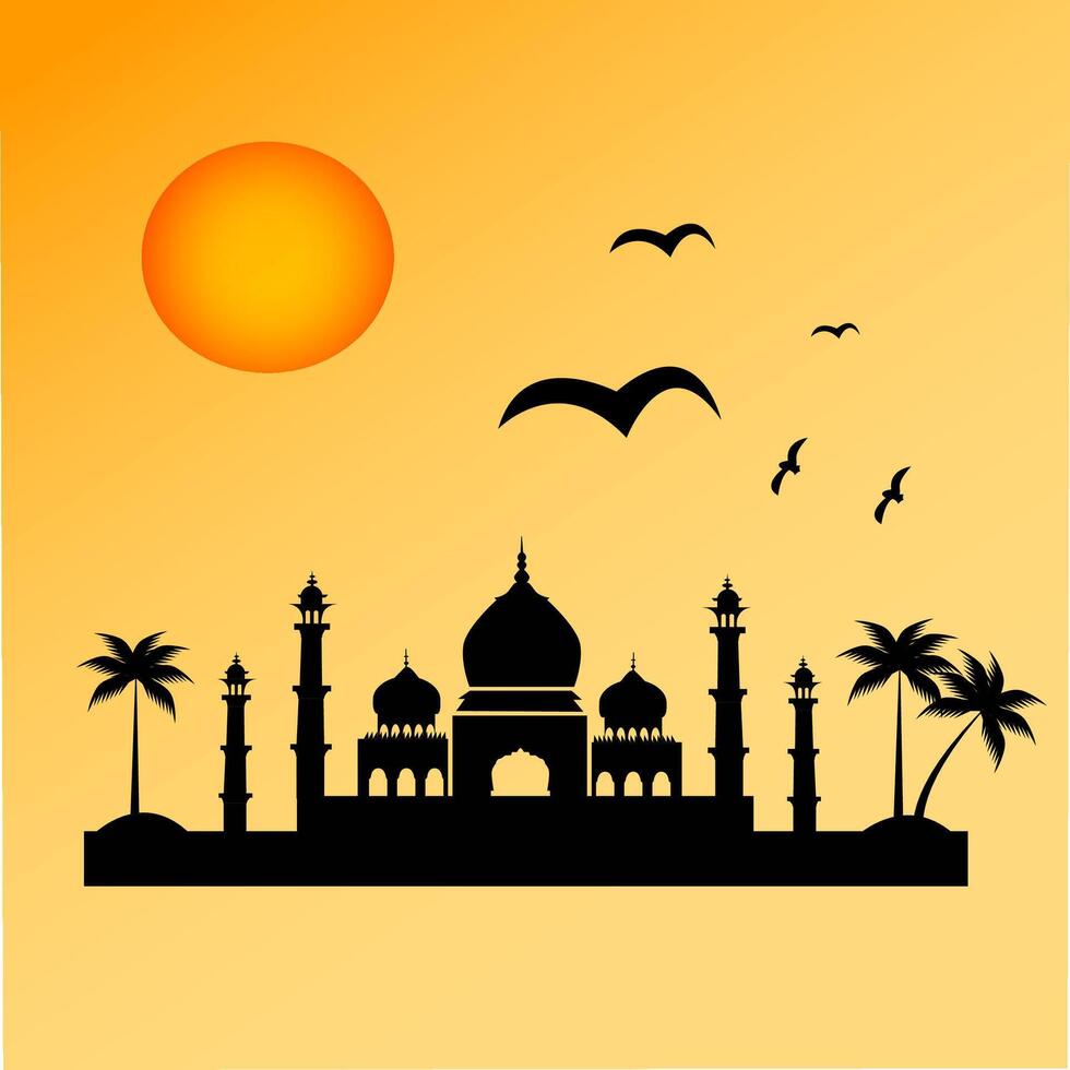 Islamic buildings silhouettes. Mosques and minarets with crescents, illustration vector