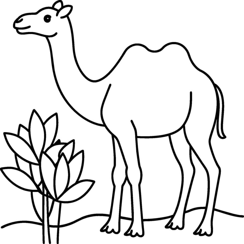 Illustration of camels in the desert. Coloring book for children and adults. Black and white vector