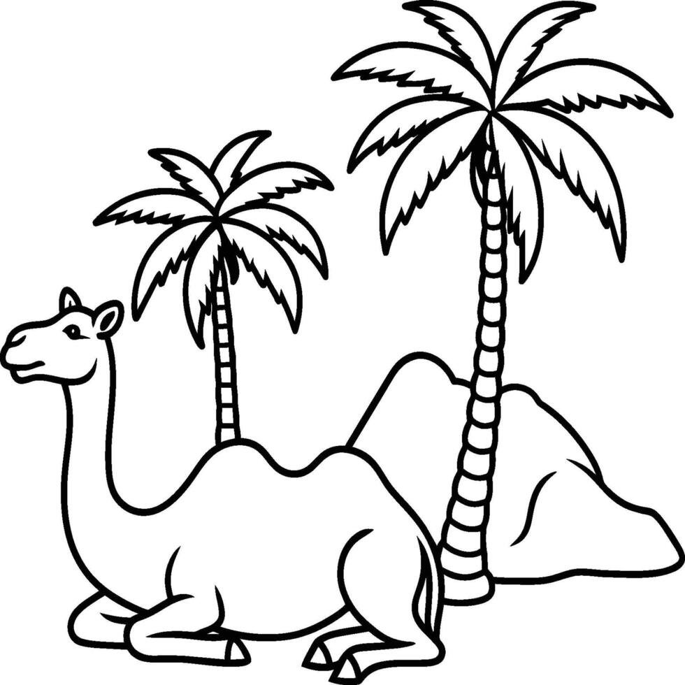 Illustration of camels in the desert. Coloring book for children and adults. Black and white vector