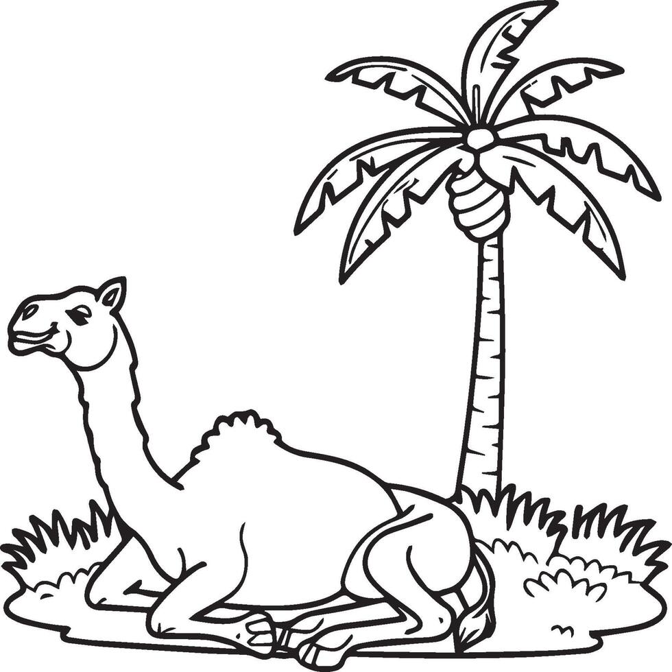 Illustration of camels in the desert. Coloring book for children and adults. Black and white vector