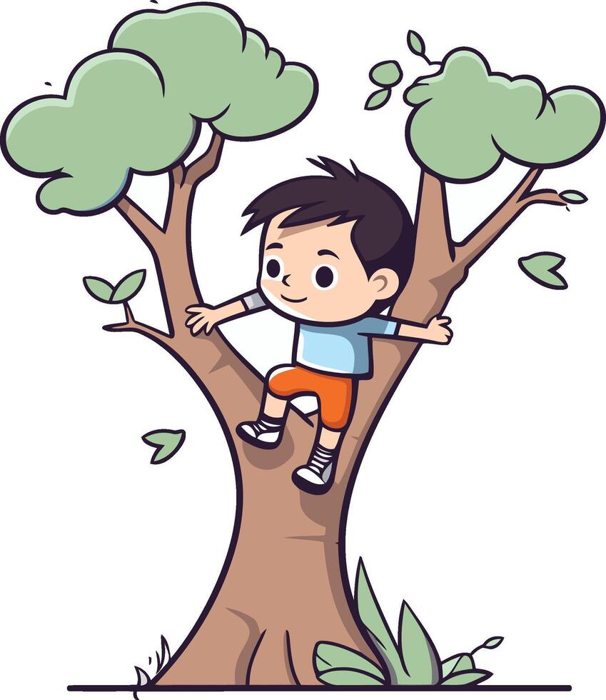 Cute little boy climbing a tree in cartoon style. vector
