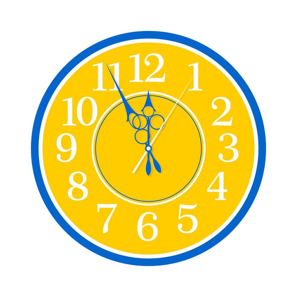 Old vintage round clock with beautiful hands. Dial on a white background. Blue and yellow. vector