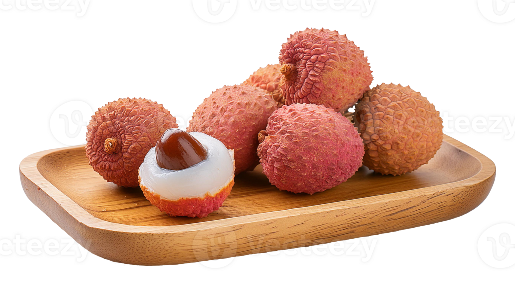 whole and freshly opened lychees on a wooden plate png