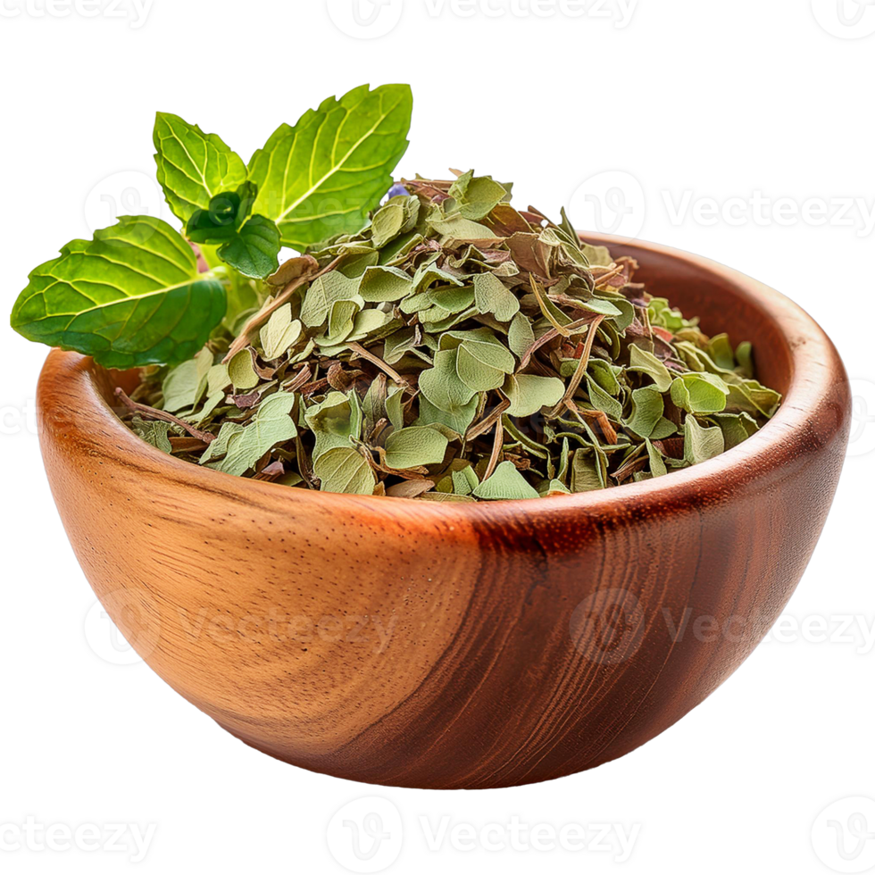 Dried oregano flakes with fresh oregano leaves isolated on transparent background png