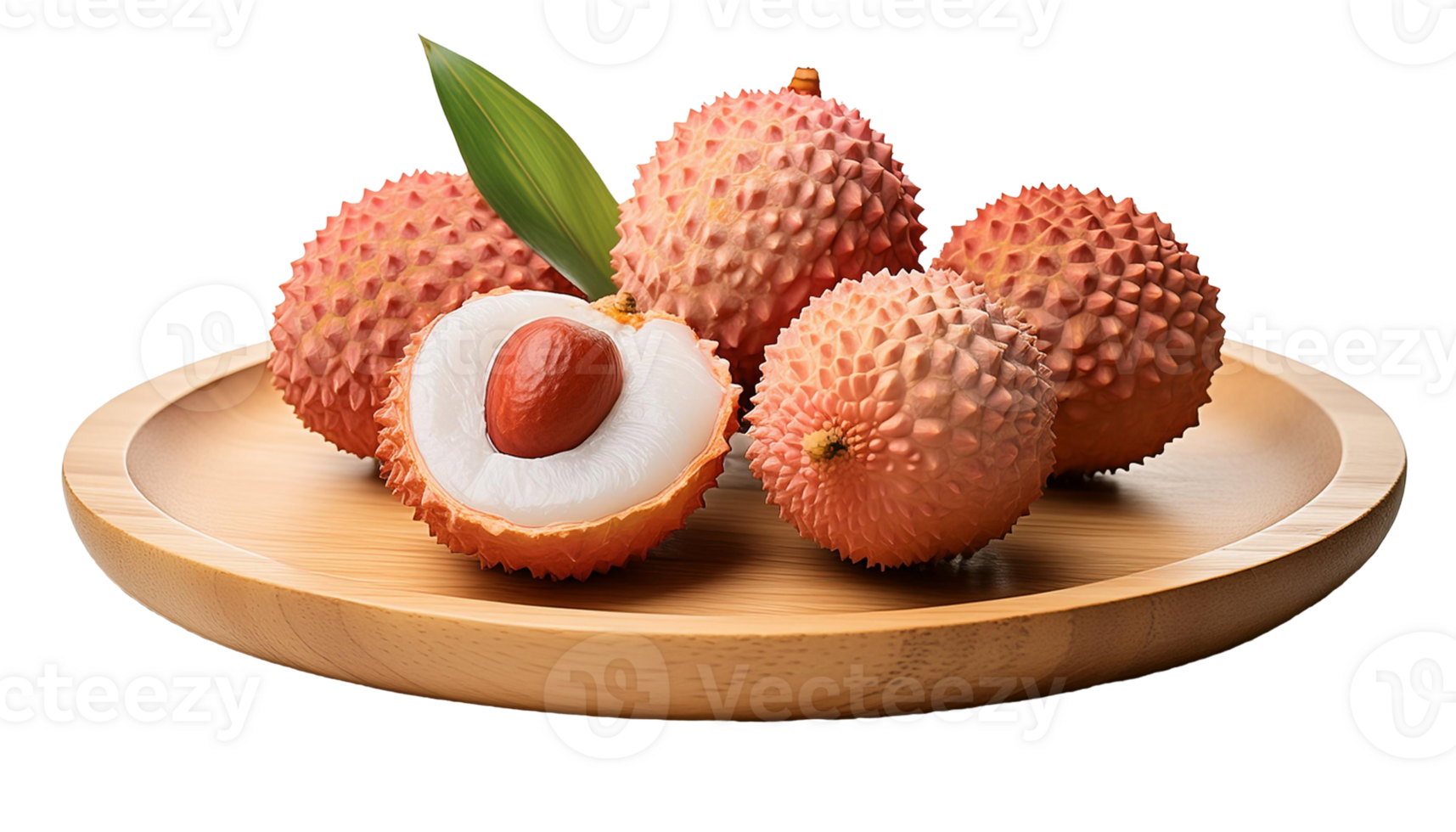whole and freshly opened lychees on a wooden plate png