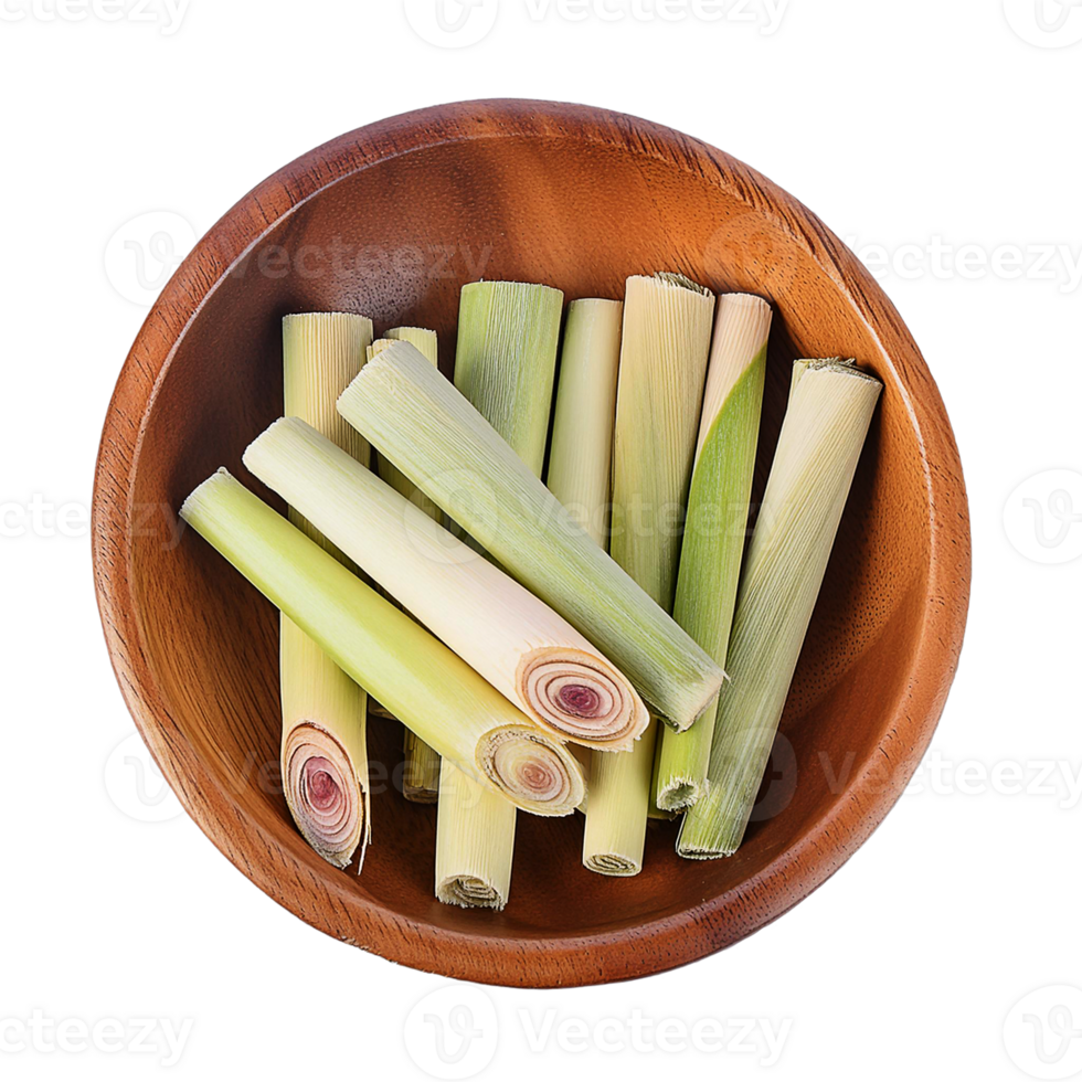 pieces of lemongrass in a small wooden bowl png