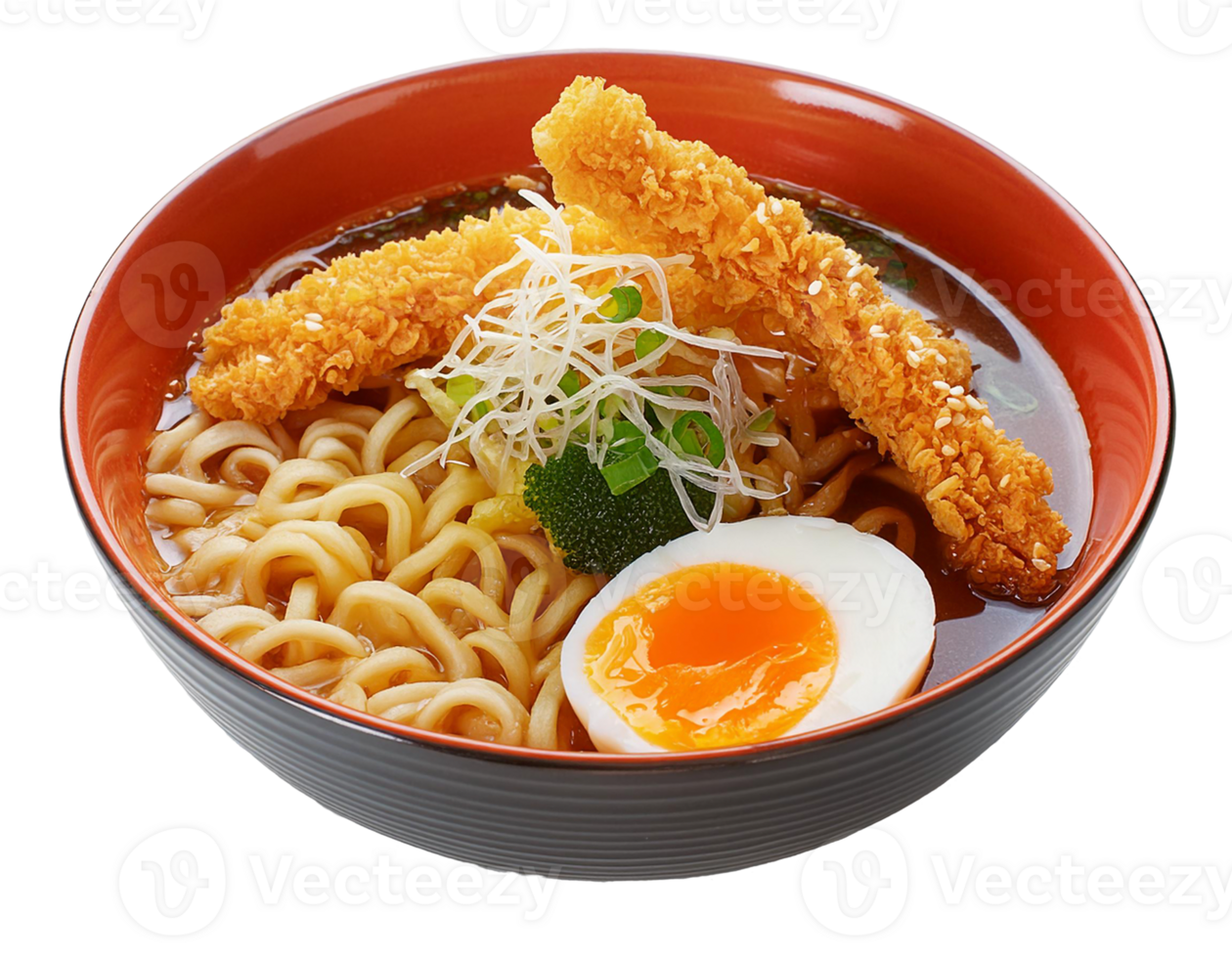 Special ramen with tempura topping and boiled egg on a bowl png