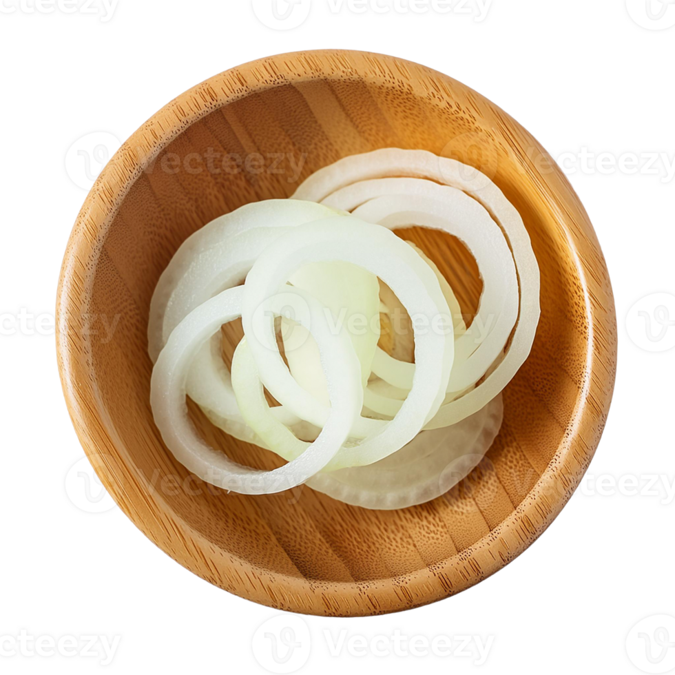 thinly sliced onions in a traditional wooden bowl png