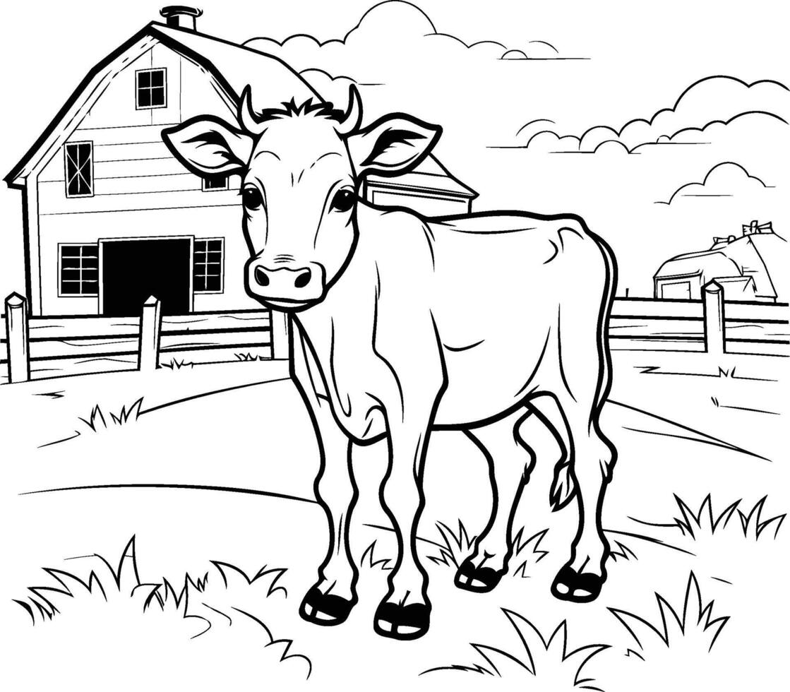 Cow in front of farm house. black and white illustration. vector