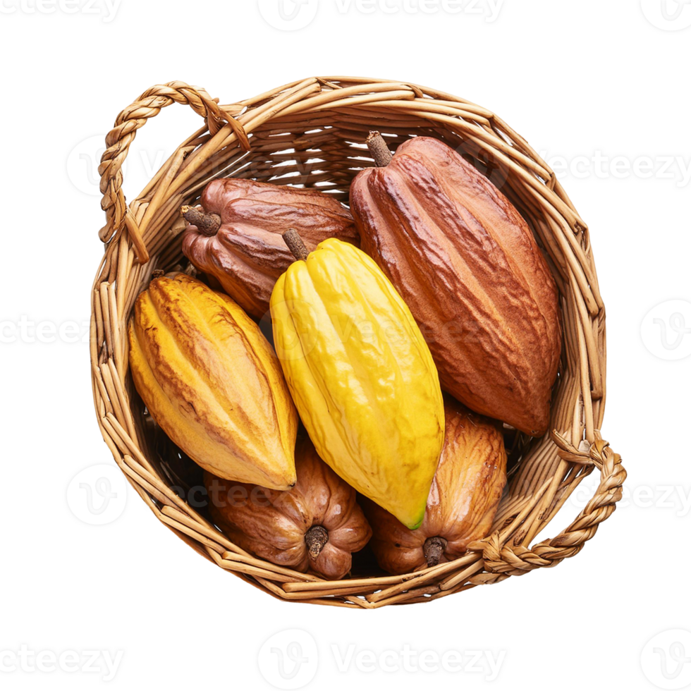 collection of tropical cocoa pods in a basket png