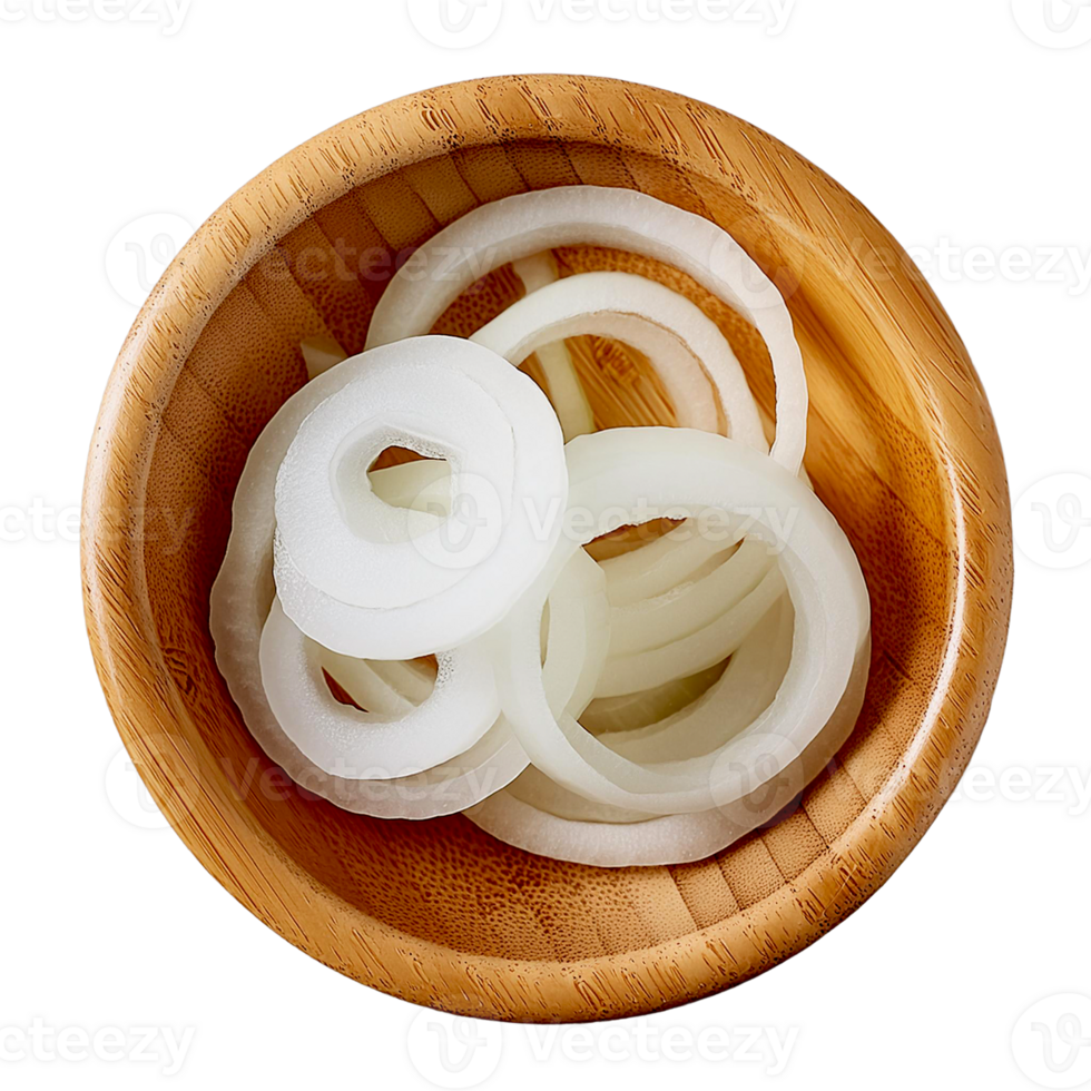 thinly sliced onions in a traditional wooden bowl png