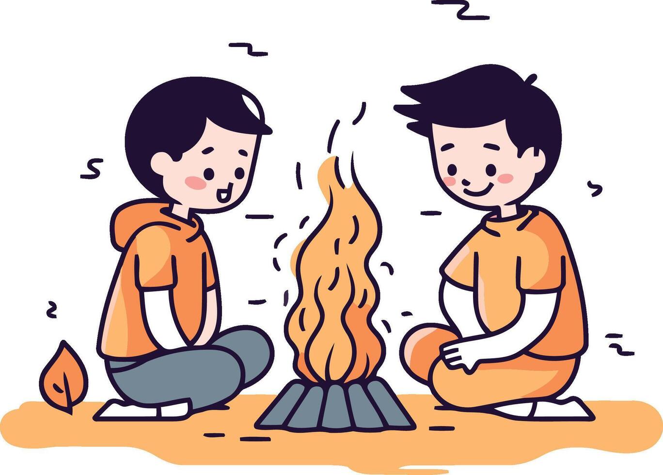 illustration of two boys sitting by the campfire and warming hands. vector