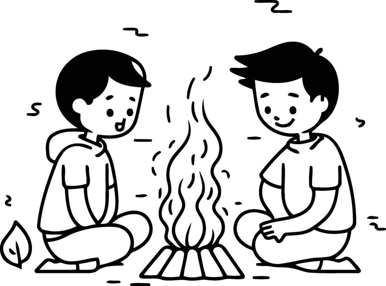 illustration of two boys sitting by the campfire and warming hands. vector