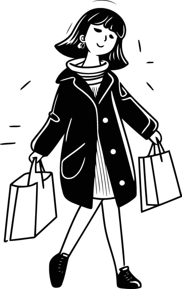 Girl with shopping bags. Black and white illustration in cartoon style. vector
