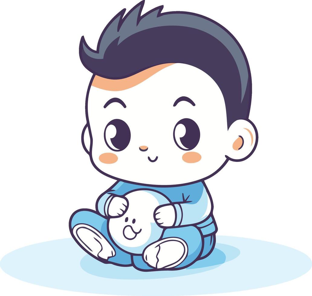 Cute little boy playing with his teddy bear. vector