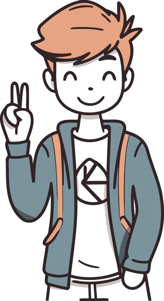 illustration of a young man with a backpack showing victory sign. vector