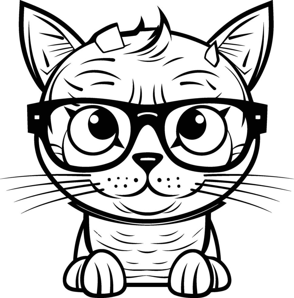 Black and White Cartoon Illustration of Cat with Glasses for Coloring Book vector
