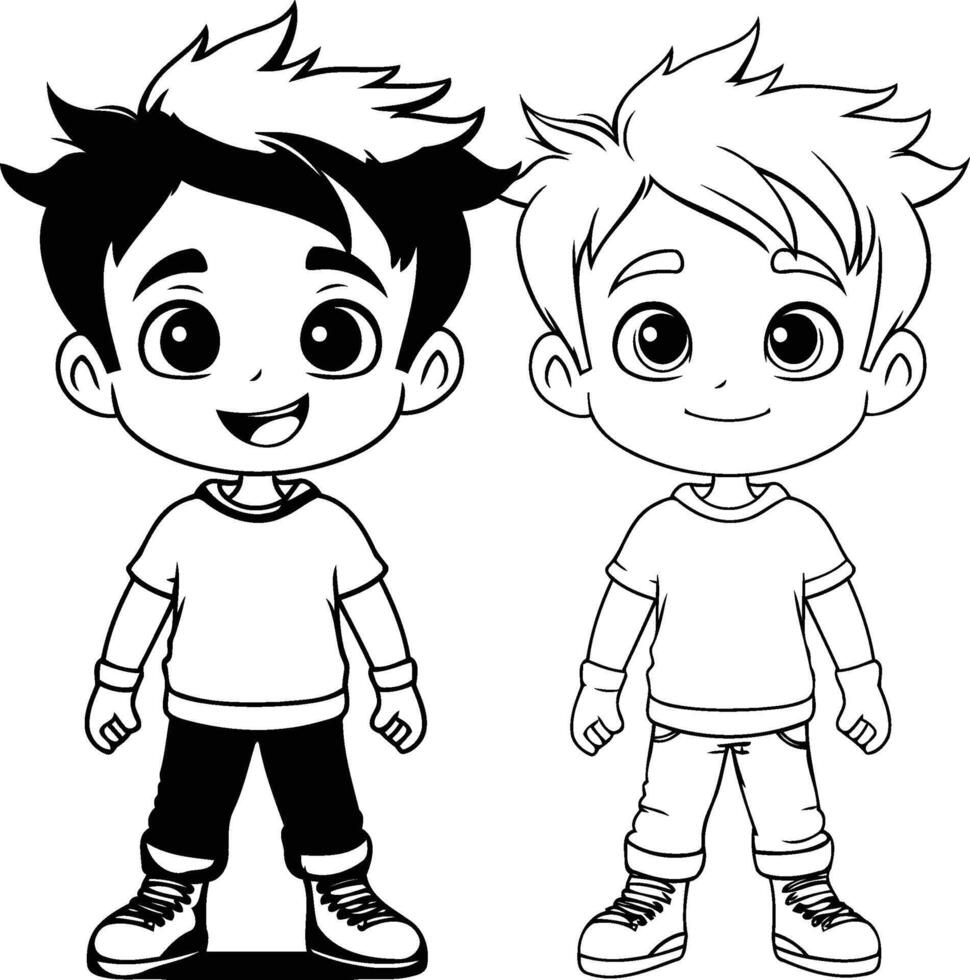cute little boys cartoon illustration graphic design in black and white vector