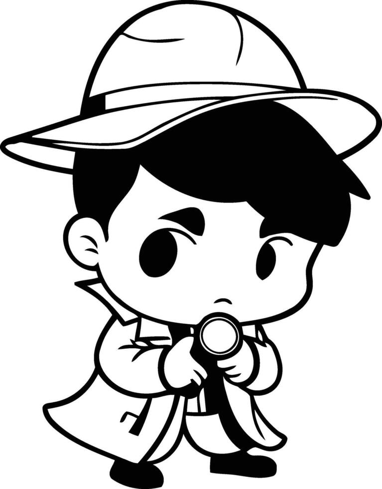Cartoon detective boy holding a magnifying glass. vector
