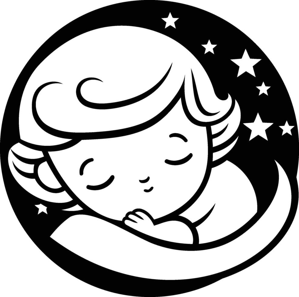 Cute little girl sleeping on the moon. Black and white illustration. vector