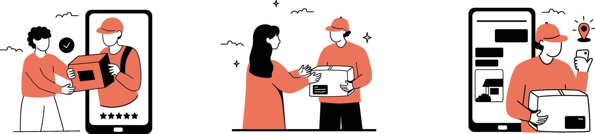 Delivery concept with character people shipping package situations mega set. In flat web design vector