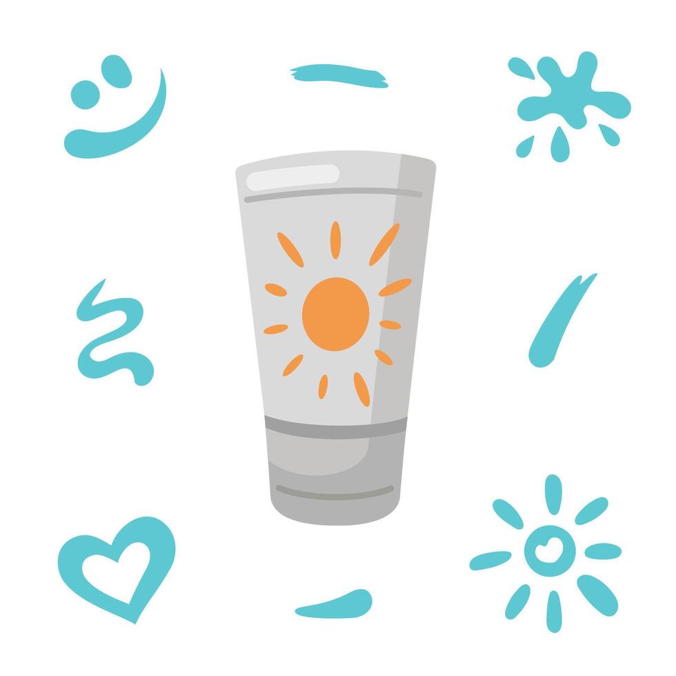 Sun protection, suntan lotion tube. Beach holidays concept. Flat design, cartoon SPF cosmetic product with suntan cream strokes. Sunscreen bottle, jar. vector