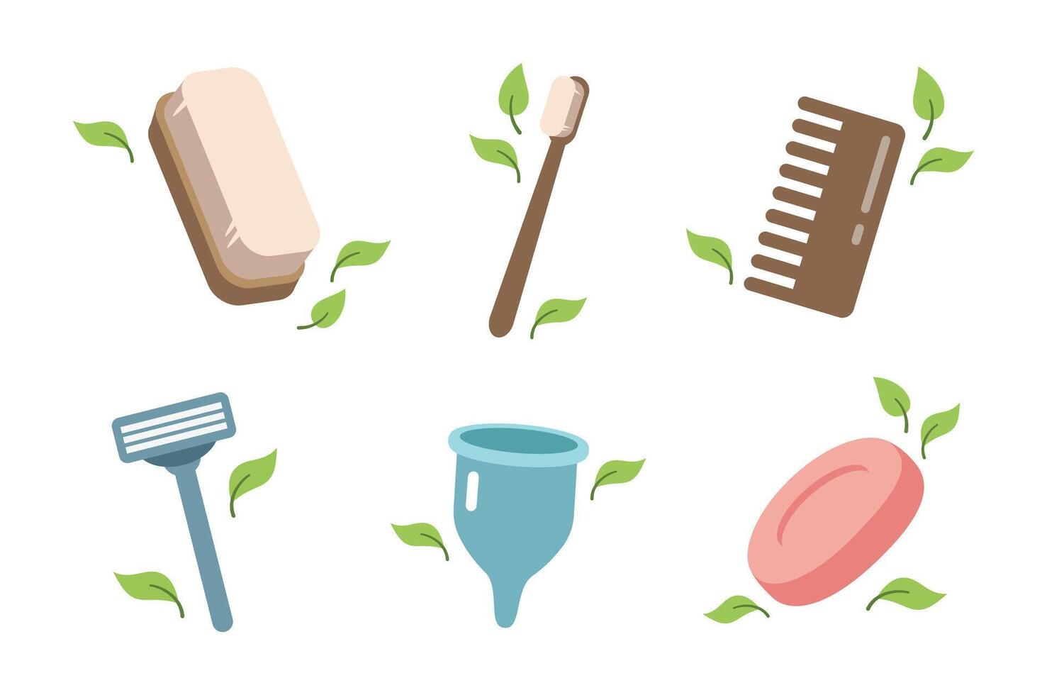 Zero waste concept. Set of ecological personal hygiene items - wooden toothbrush, comb, brush, menstrual cup, solid soap, razor Shaver. Illustration in cartoon style vector