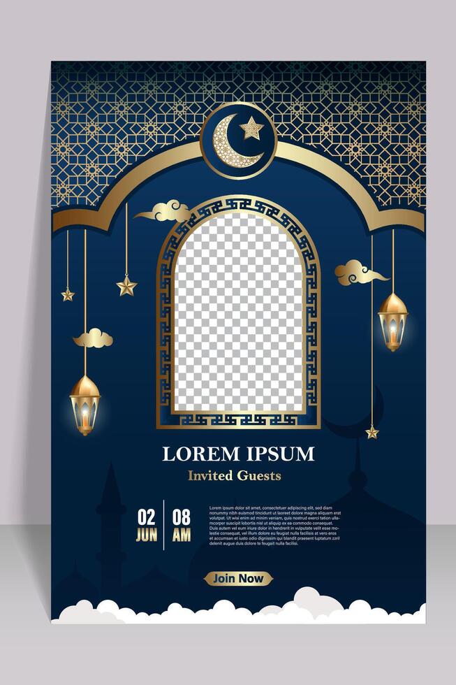 Islamic theme vertical poster template. dark blue background vector