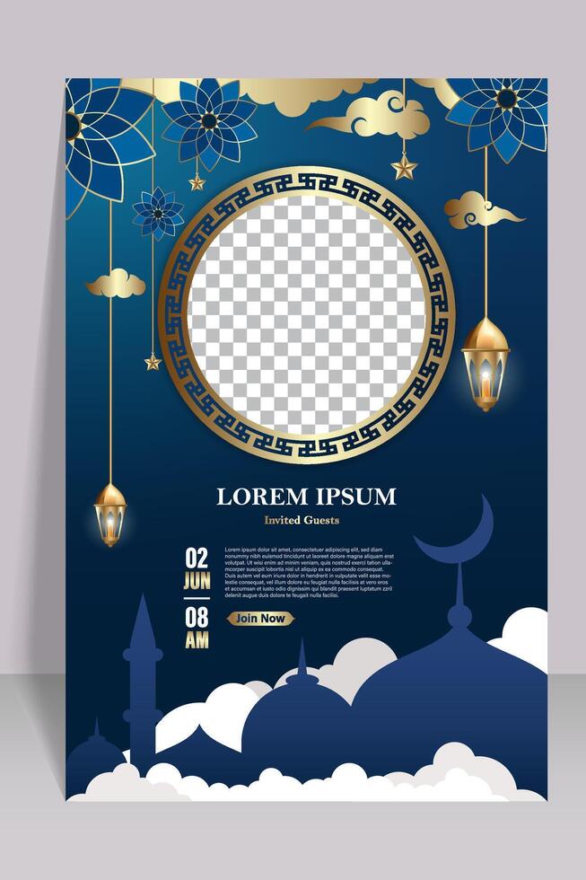 Islamic theme vertical poster template. dark blue background vector
