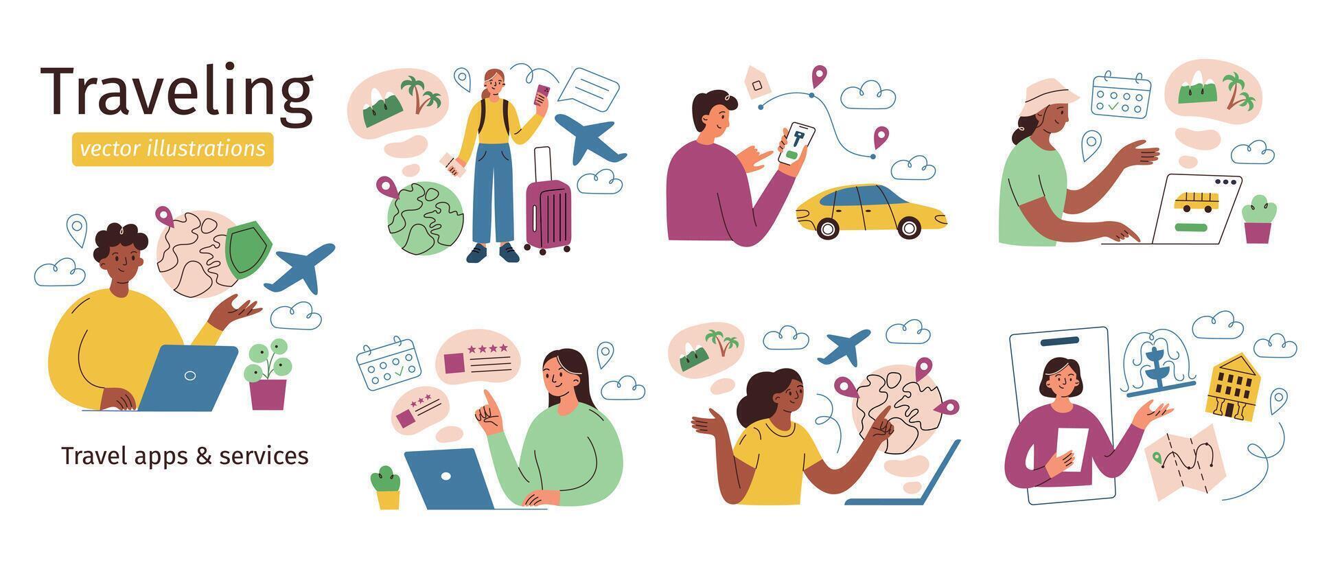 Tourists planning trip set, set of traveling compositions, characters booking flight, hotel, travelers scenes collections, illustrations of vacation insurance, mobile apps, services for journey vector