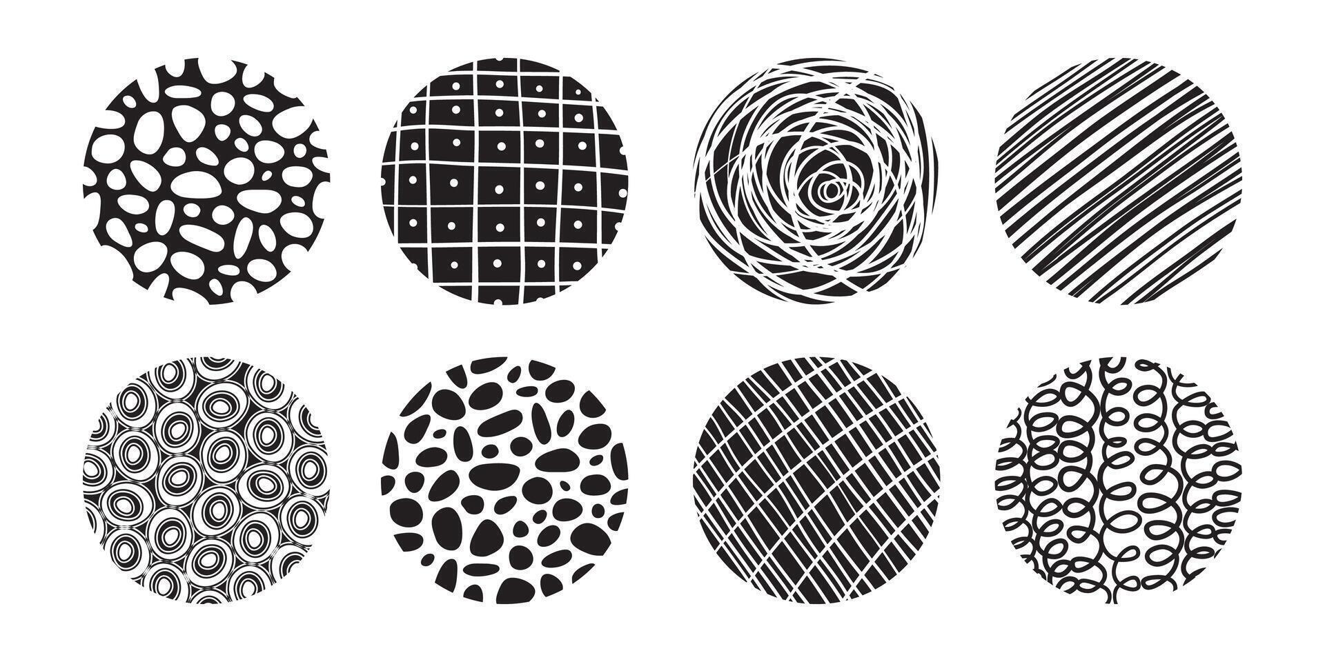 Set of round Abstract black Backgrounds or Patterns. Hand drawn doodle shapes. Spots, drops, curves, Lines. Contemporary modern trendy illustration. Posters, Social media Icons templates vector