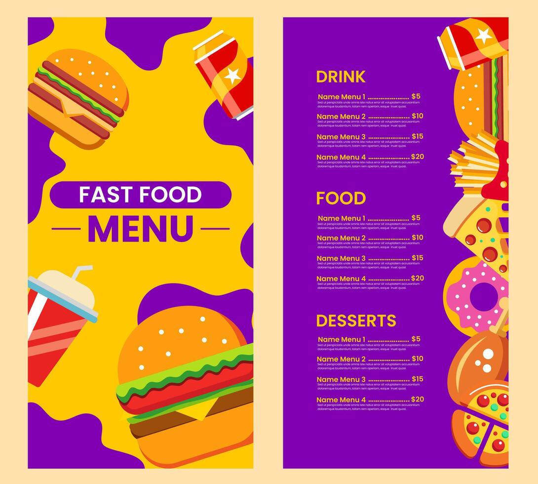 Fast food menu template in flat design style, suitable for menu restaurant or cafe vector