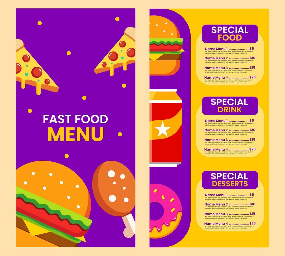 Fast food menu template in flat design style, suitable for menu restaurant or cafe vector