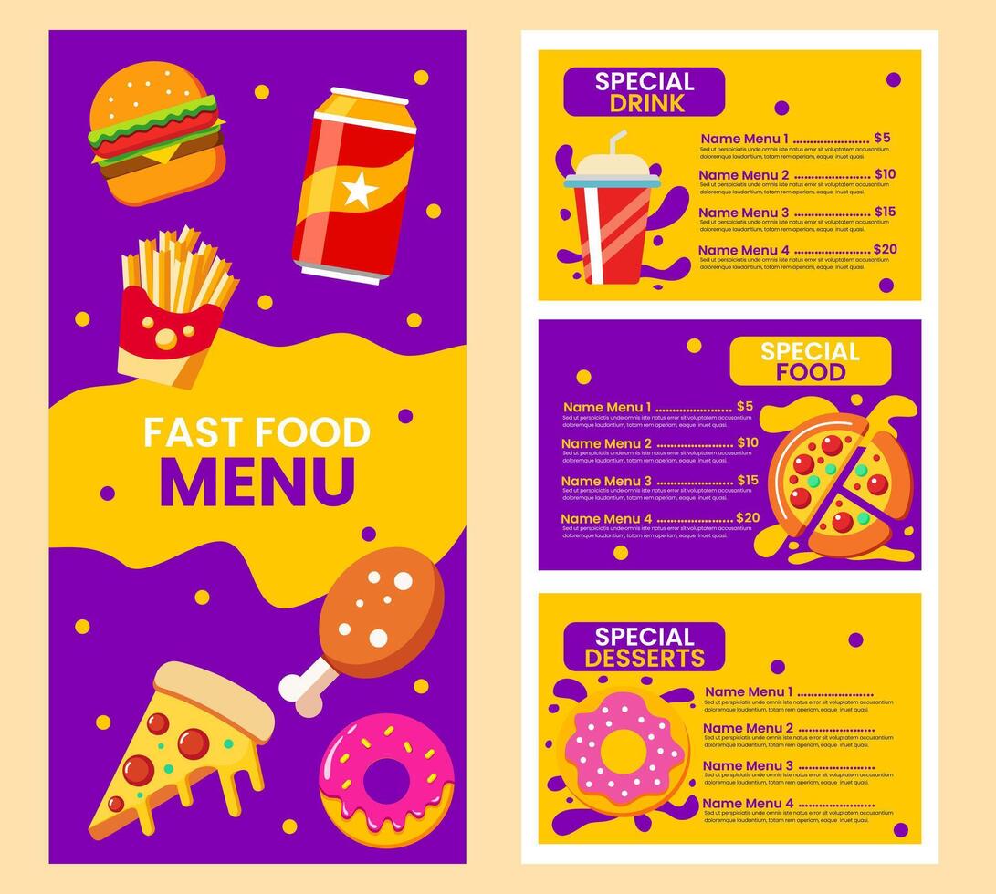 Fast food menu template in flat design style, suitable for menu restaurant or cafe vector