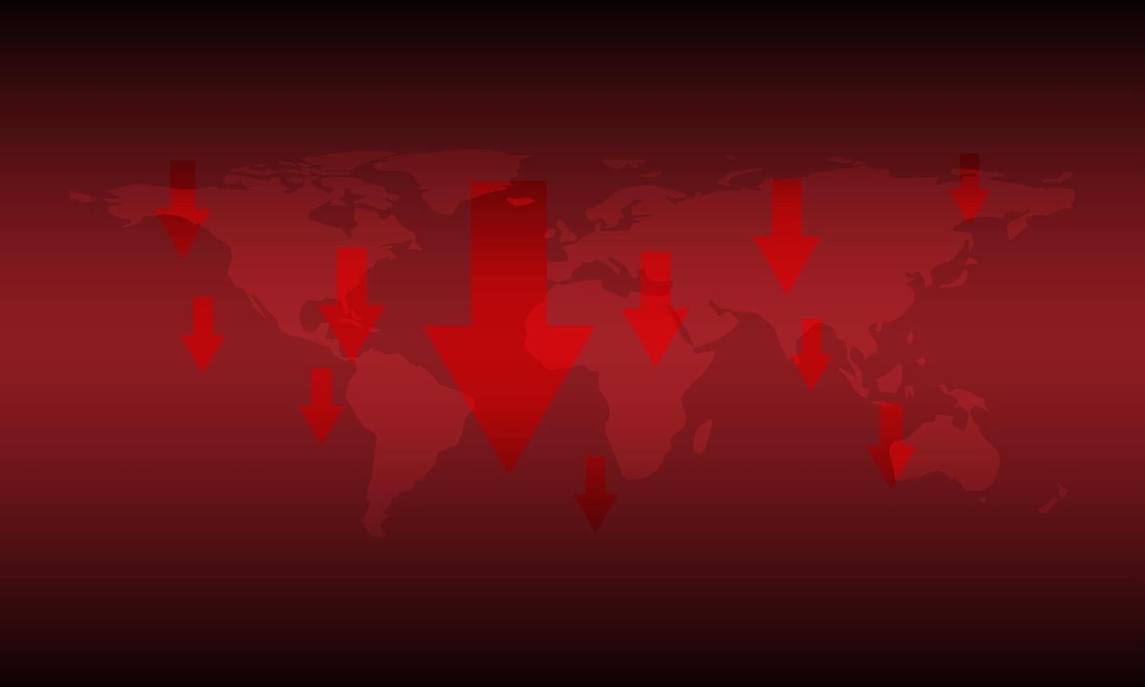 Red arrow graph drop arrow down with world map on red background. Money losing. Stock crisis and finance concept. vector