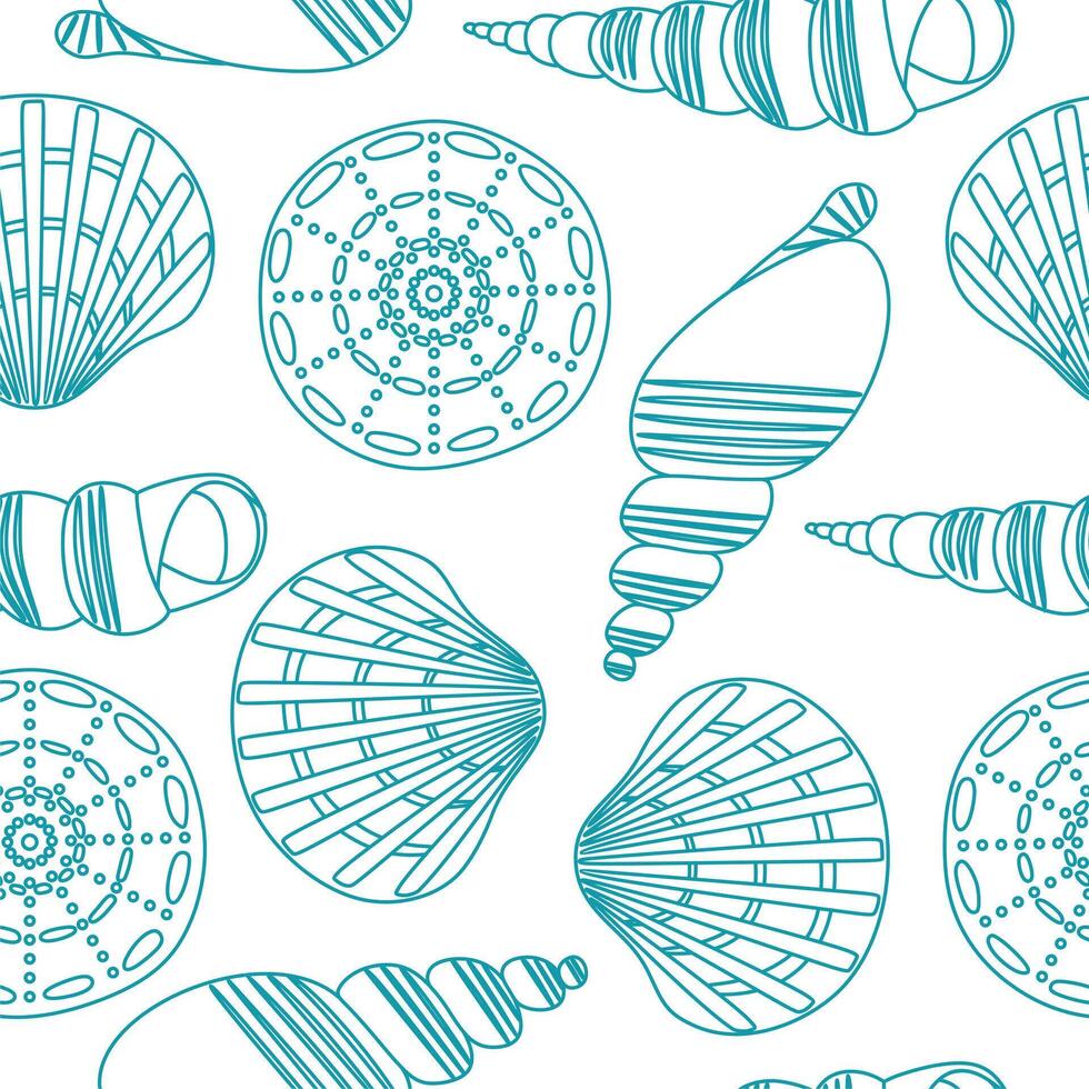 Watercolor sea shells blue white seamless pattern. Hand drawn seashells ocean color. Marine illustration. Print for wallpaper, fabric, textile, wrapping. White background vector