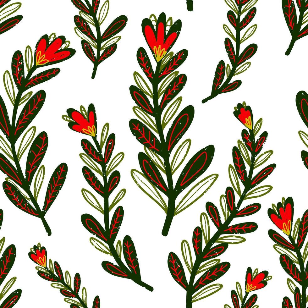 a pattern with red and green leaves on a white background vector