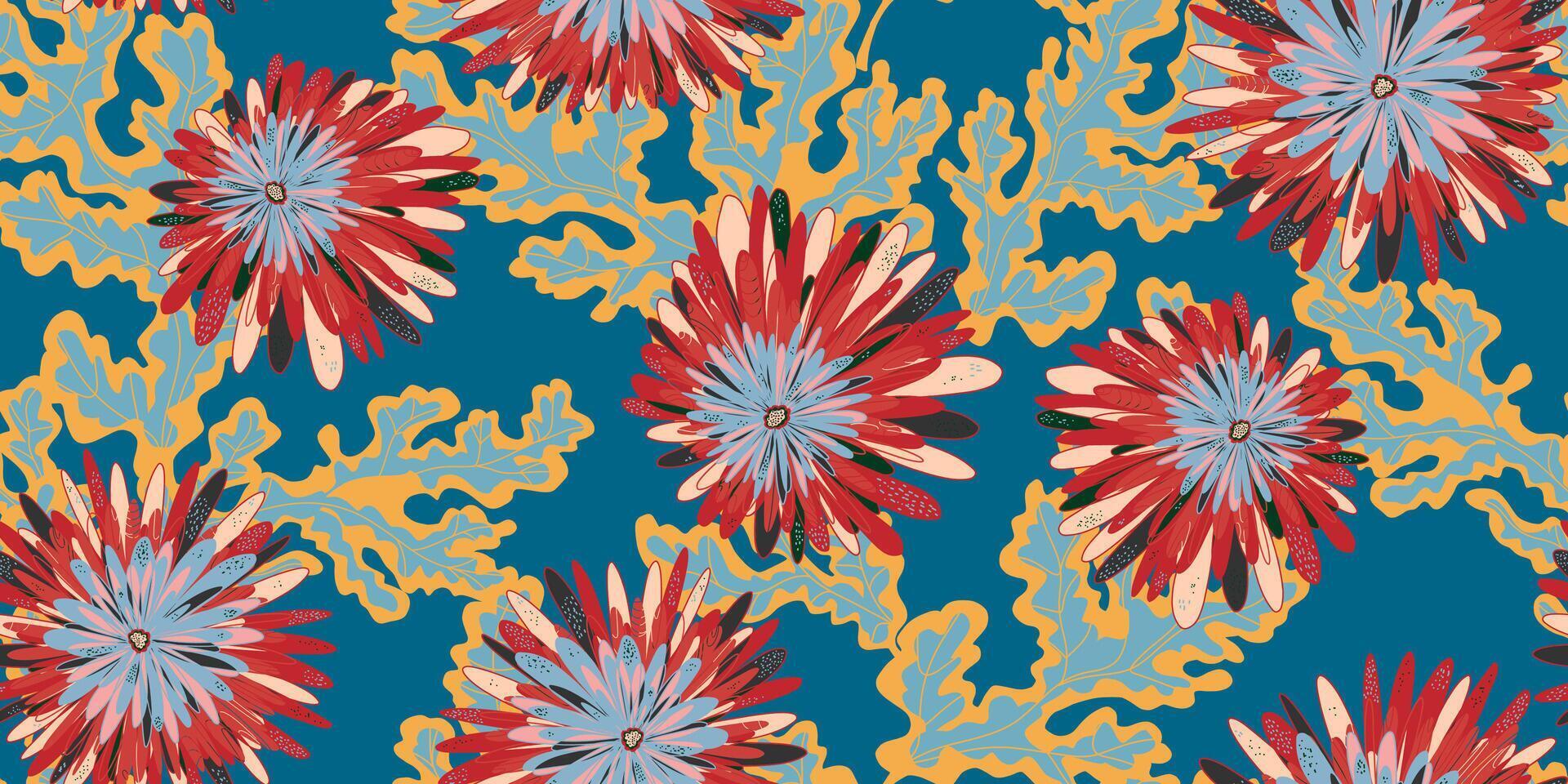 a blue and red floral pattern on a blue background vector