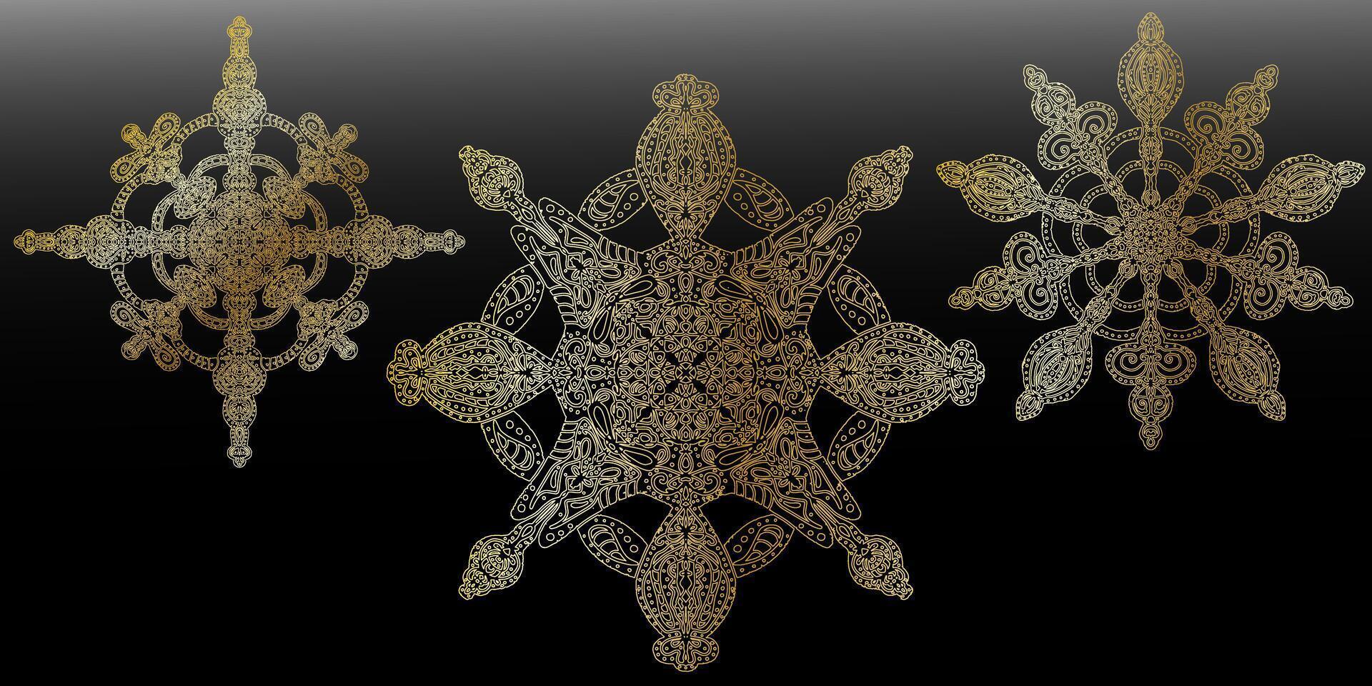three snowflakes in gold and silver on a black background vector