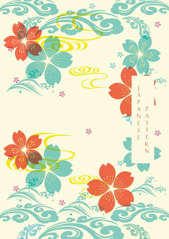 Wave pattern and cherry blossom flower illustration in vintage style. Pastle floral pattern in vintage style. Oriental flora banner design vector