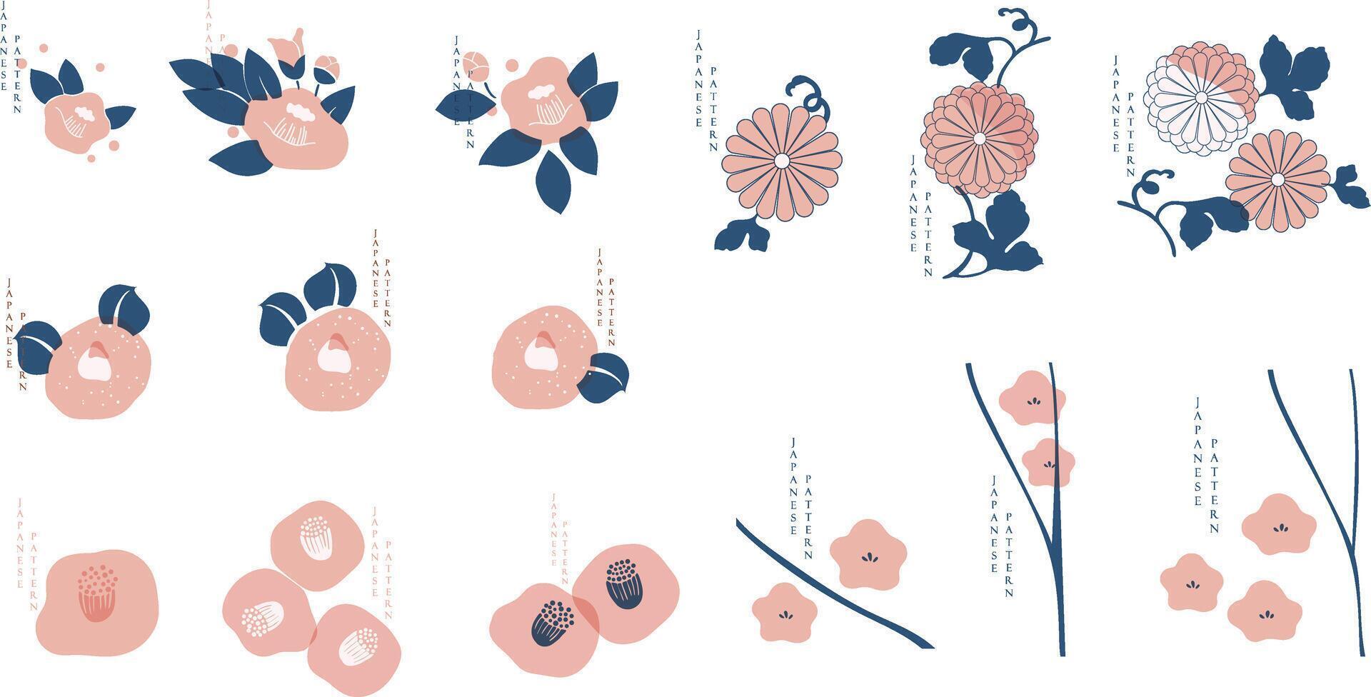Set of hand drawn branch of flower with Japanese pattern . Oriental decoration with logo design, flyer or presentation in vintage style. vector