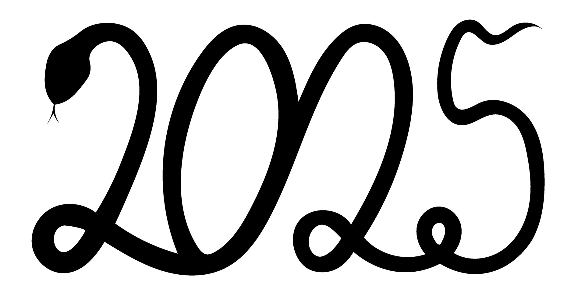 The black silhouette of a curved snake forms the number 2025, isolated